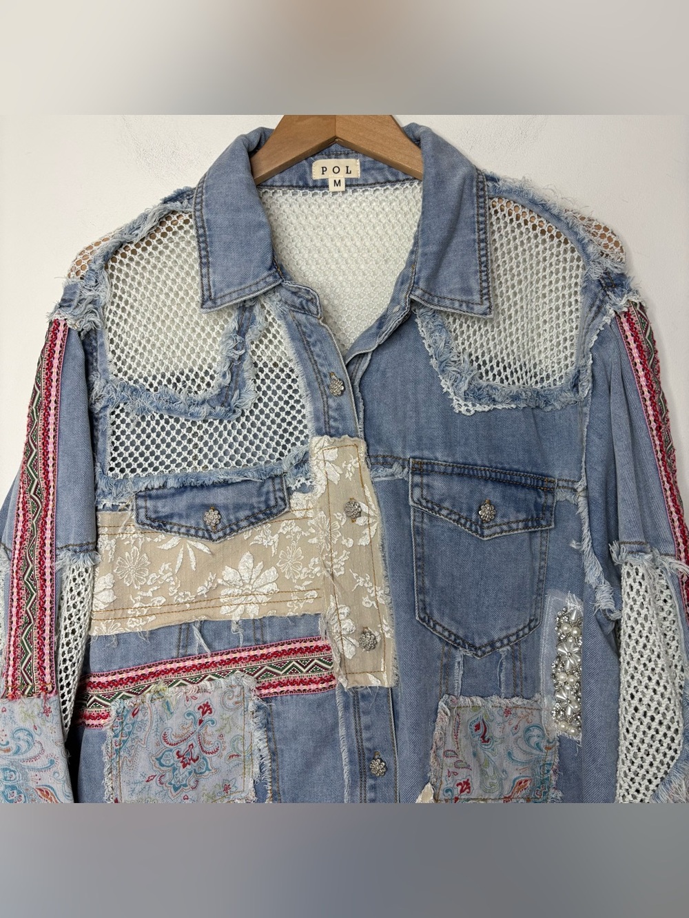 POL Women’s Oversized Patchwork Button Down Shirt Jacket Denim Floral Lace M - Picture 6 of 16